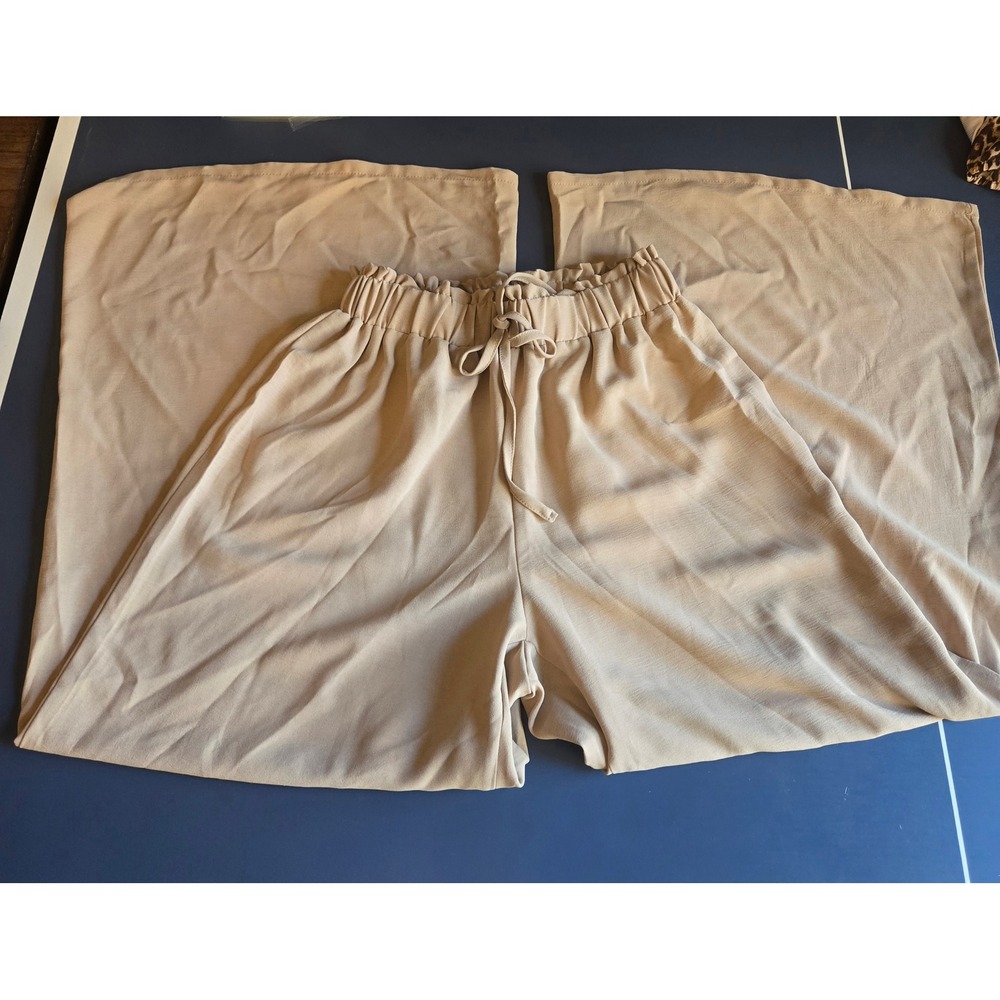 Petite Tan Wide Leg Palazzo Pants Elastic Paperbag Waist Beige Small Vacation